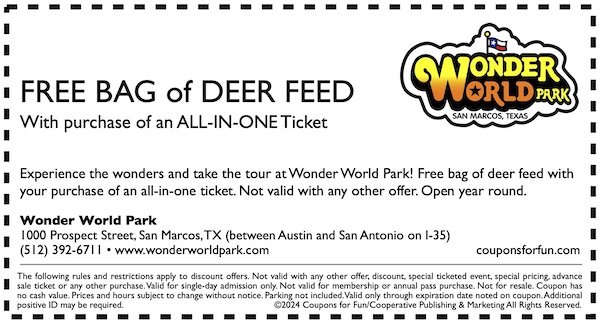 Savings coupon for Wonder World Park in San Marcos, Texas