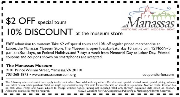Savings coupon for the Manassas Museum in Manassas, Virginia