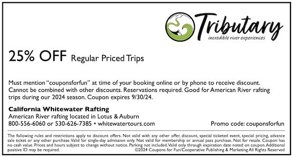 Savings coupon for California Whitewater Rafting in Lotus, Auburn and Truckee - outdoor adventures