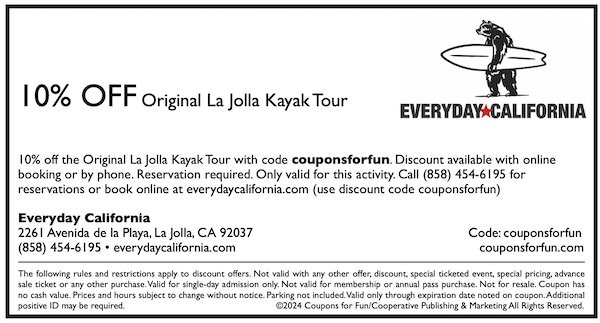 Savings coupon for Everyday California kayak tours in La Jolla, San Diego area, California