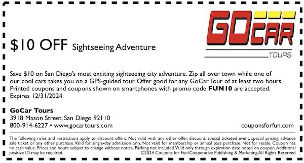 Savings coupon for GoCar Tours in San Diego, California