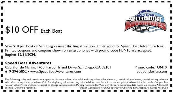 Savings coupon for Speed Boat Adventures in San Diego, California