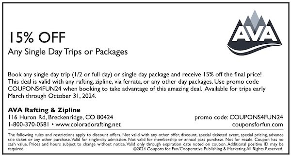 Savings coupon for AVA Rafting and Zipline in Breckenridge, Colorado