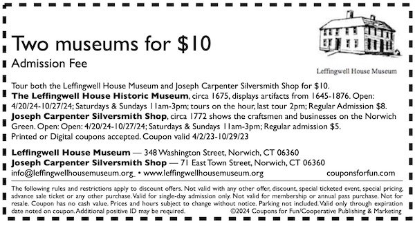 Savings coupon for Leffingwell House in Norwich, Connecticut