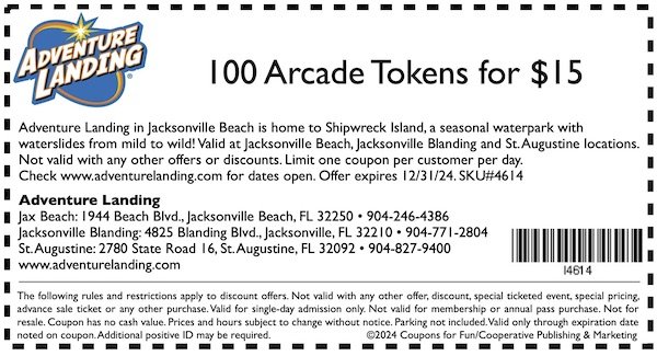 Savings coupon for Adventure Landing in Jacksonville, St.Augustine, Florida