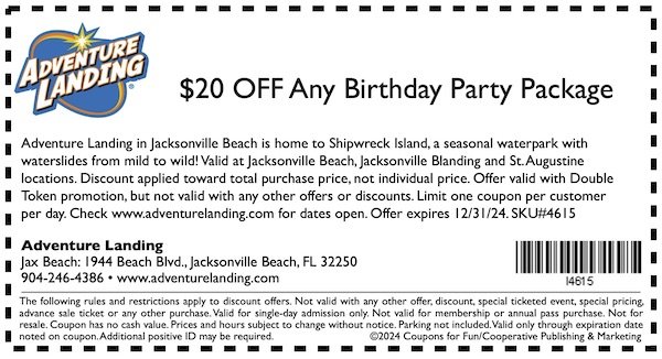 Savings coupon for Adventure Landing in Jacksonville and St.Augustine, Florida