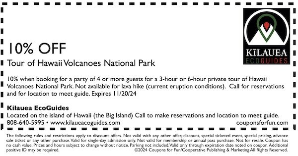 Savings coupon for Kilauea EcoGuides on island of Hawaii, the Big Island