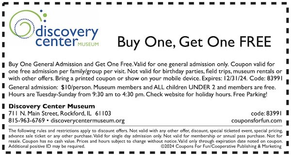 Savings coupon for the Discovery Center Museum in Rockford, Illinois