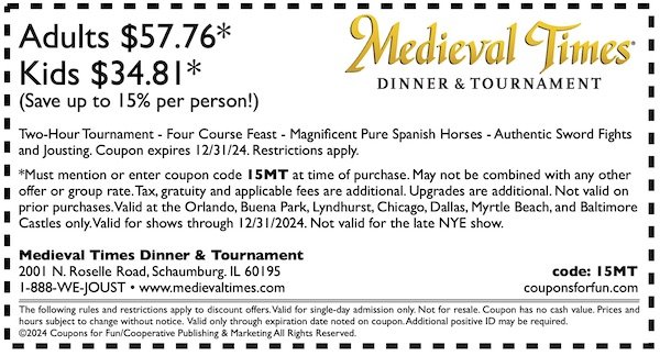 Savings coupon for Medieval Times in Schaumburg, Illinois