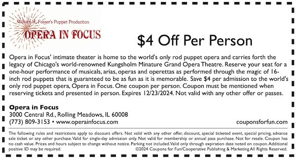 Savings coupon for the Opera in Focus in Rolling Meadows, Illinois