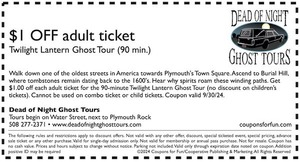 Savings coupon for Dead of Night Ghost Tour in Plymouth, Massachusetts