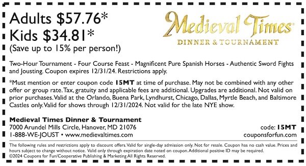 Savings coupon for Medieval Times in Hanover, Maryland