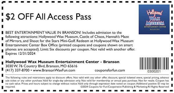 Savings coupon for the Hollywood Wax Museum in Branson, Missouri