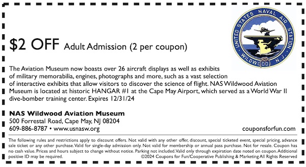 Savings coupon for Naval Air Station's Wildwood Aviation Museum in Rio Grande, New Jersey