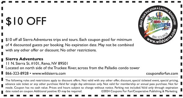 Savings coupon for Sierra Adventures in Reno, Nevada, Lake Tahoe, outdoor adventure, tour, ski, rafting, family, fun