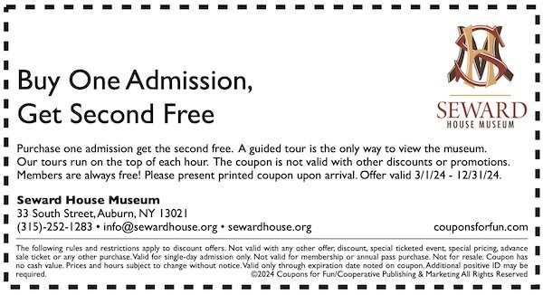 Savings coupon for the Seward House Museum in Auburn, New York