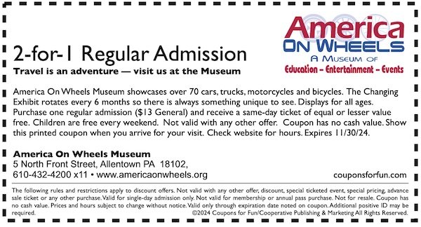 Savings coupon for America on Wheels Museum in Allentown, Pennsylvania