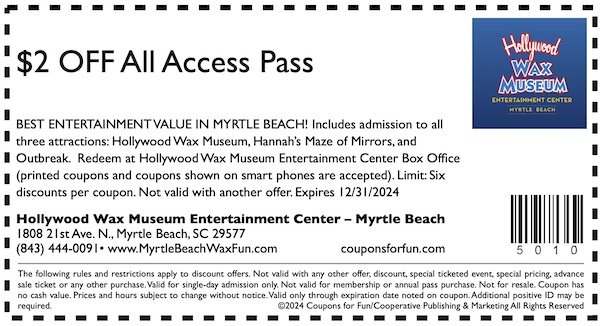 Savings coupon for the Hollywood Wax Museum in Myrtle Beach, South Carolina