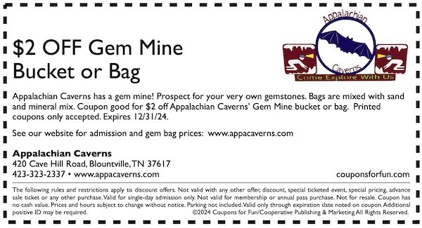 Savings coupon for Appalachian Caverns in Blountville, Tennessee