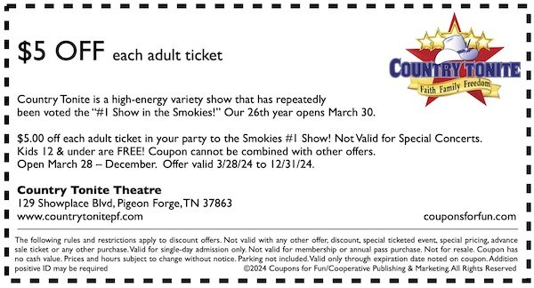 Savings coupon for the Country Tonite Theatre in Pigeon Forge, Tennessee