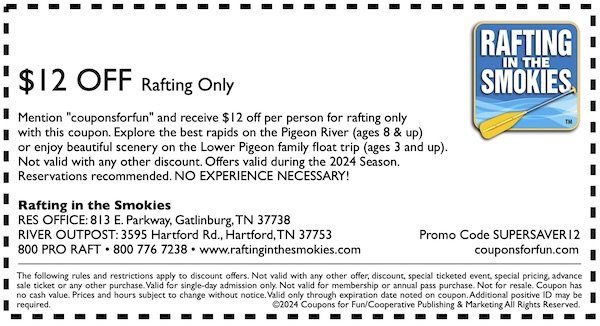 Savings coupon for at Rafting in the Smokies in Gatlinburg, TN