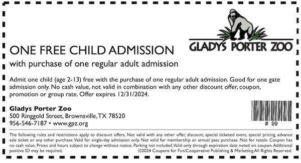 Savings coupon for the Gladys Porter Zoo in Brownsville, Texas