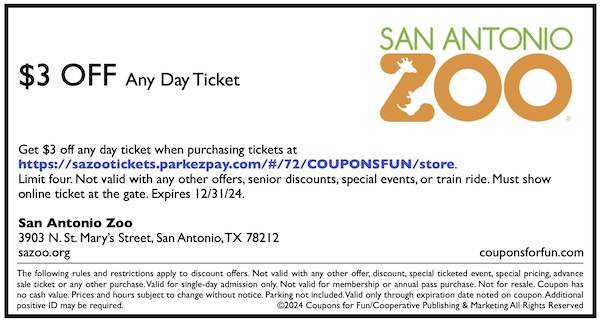 Savings coupon for the San Antonio Zoo in San Antonio, Texas