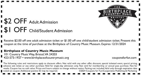 Savings coupon for the Birthplace of Country Music Museum in Bristol, Virginia