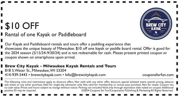 Savings coupon for Brew City Kayak in Milwaukee, Wisconsin