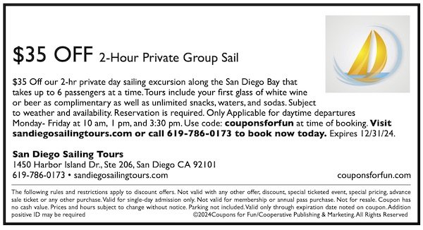 Savings coupon for San Diego Sailing Tours in San Diego, California