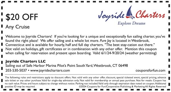 Savings coupon for sailing cruise with Joy Ride Charters in Westbrook, Connecticut