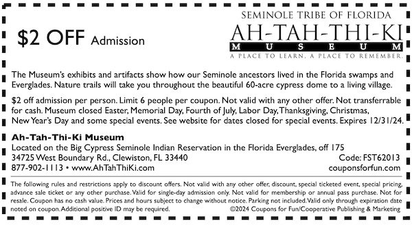 Savings coupon for Ah-Tah-Thi-Ki Museum in Lewiston, Florida