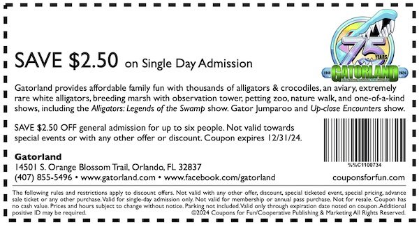 Savings coupon for Gatorland in Orlando, Florida