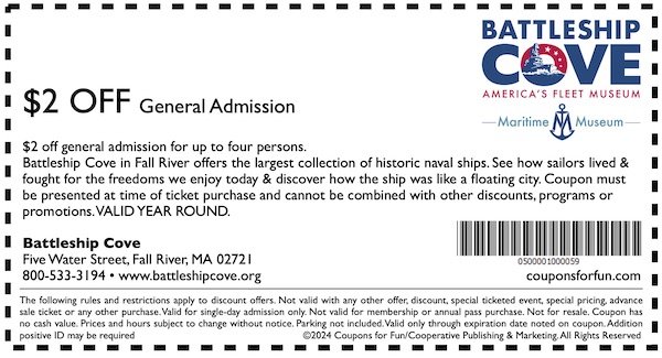 Savings coupon for Battleship Cove in Fall River, Massachusetts