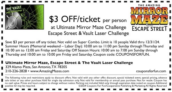 Savings coupon for the Ultimate Mirror Maze in San Antonio, Texas